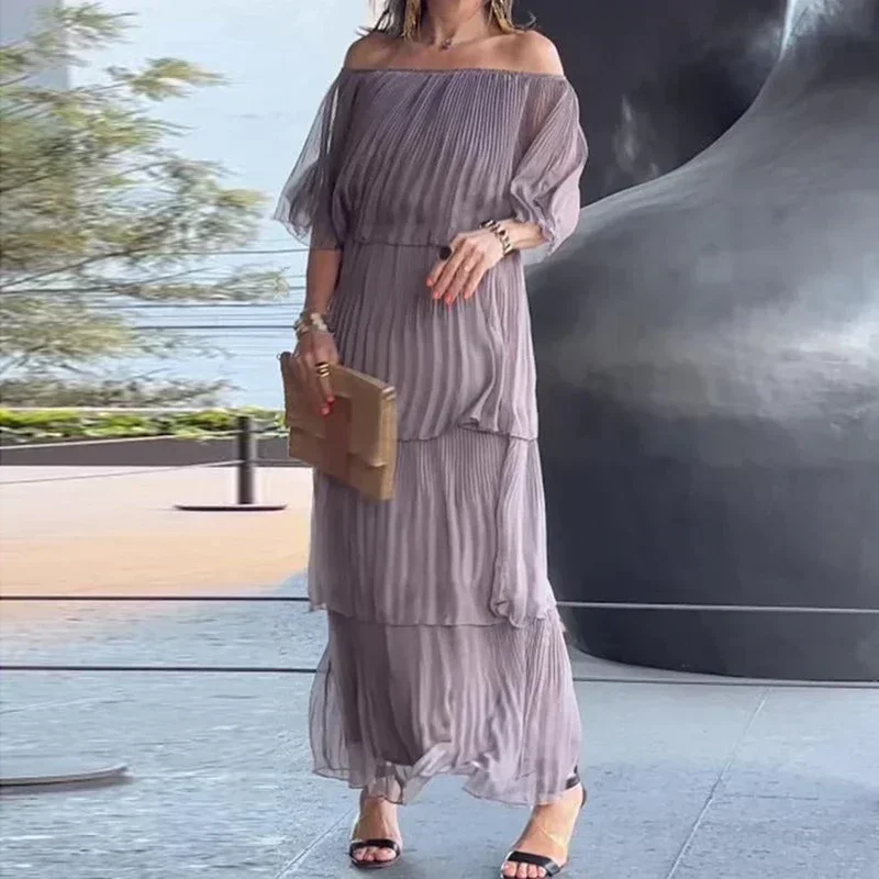 Vestido largo plisado con hombros descubiertos y cuello oblicuo para mujer, vestido de fiesta elegante con volantes lisos, vestido Maxi bohemio con manga de mariposa para verano