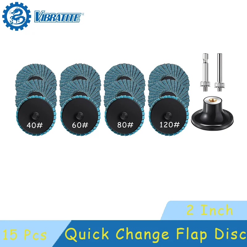 2 Inch Quick Change Flap Disc 15 Pcs Assorted 40/60/ 80/120 Grit with Pad Holder for Polishing Rust Removal Finishing Grinding