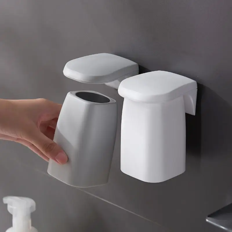 Toothbrush Cup Holder No Punching Wall Mounted Magnetic Brushing Cups Holder Inverted Drain Cup Rack Anti-dust Bathroom Supplies