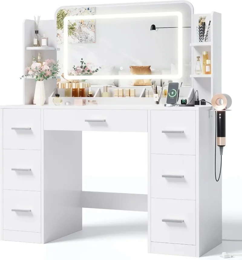 JUMMICO Makeup Vanity Desk with Large Mirror and LED Lights, Vanity with Power Strip and Hairdryer Holder, 6 Open Shelves