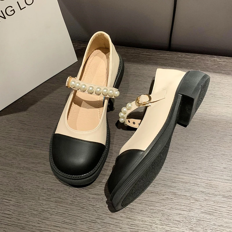 New Oxford Shoes for Women Lolita Shoes Woman Mary Janes Buckle Strap Square Mid Heels Round Toe String Bead Loafers Plus Size