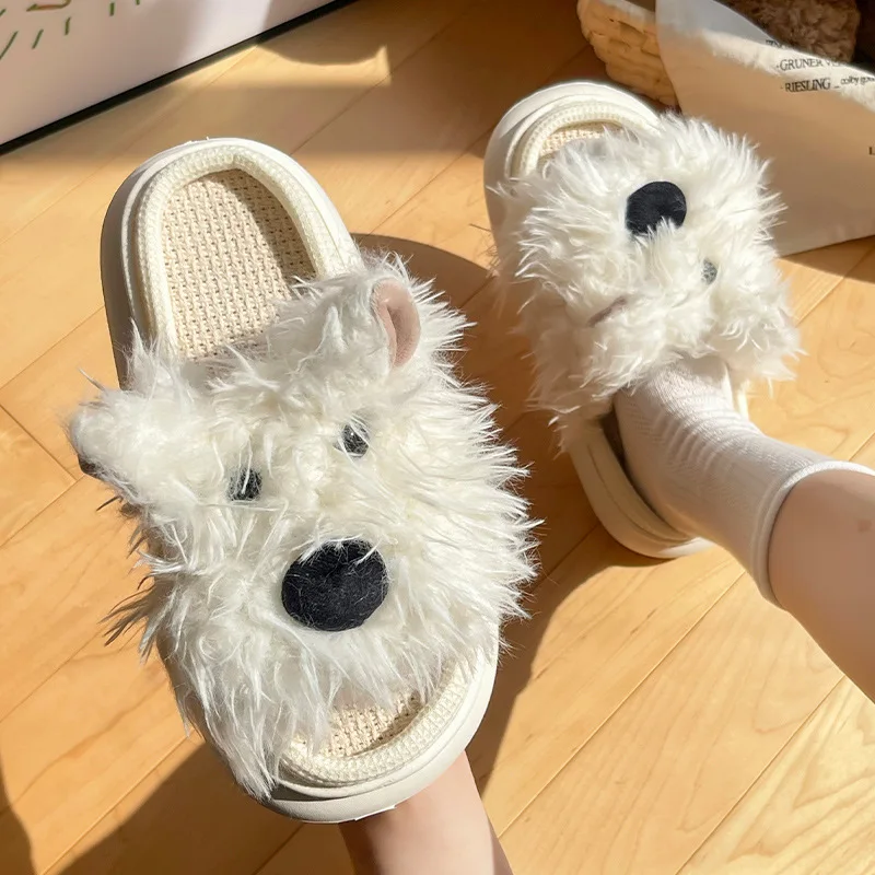 

Cute Cartoon Fluffy Dog Cotton Linen Slippers For Women Men Home Floor Shoes Thick Sole Breathable Fabric Couples Indoor Slides