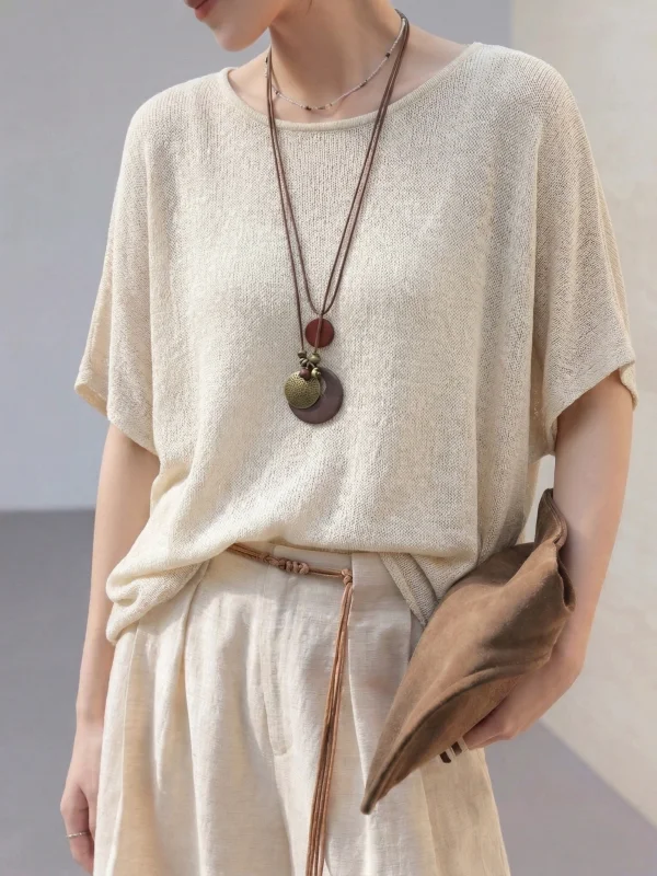 

Oatmeal Knitted Top Shoulder-Length Short Sleeve Women's Style Spring Summer New plus Size Big MM Old Money Trendy Shirt