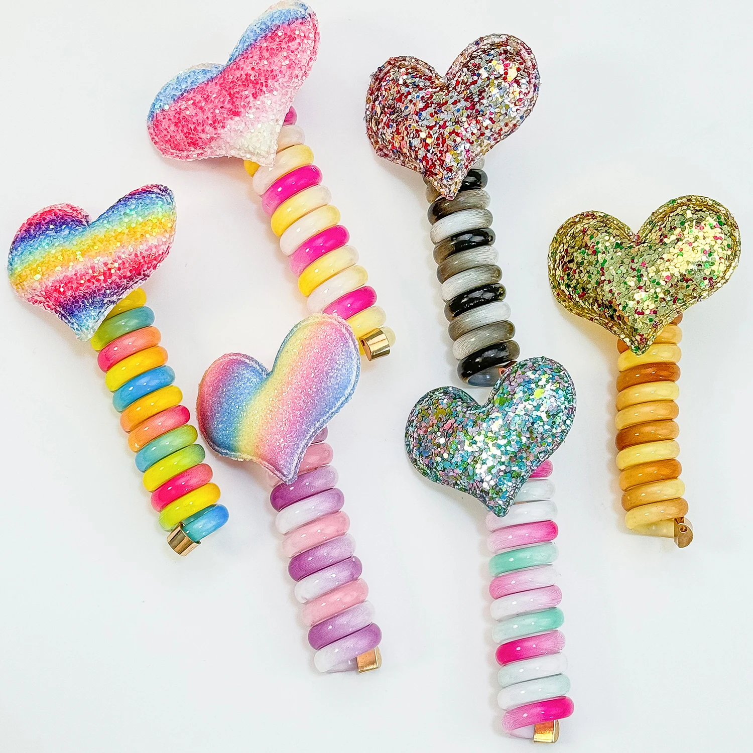 Glitter Heart Elastic Hair Rope Cute Girls Telephone Wire Line Elasticity Rubber Band For Kids Scrunchies Headbands Headwear