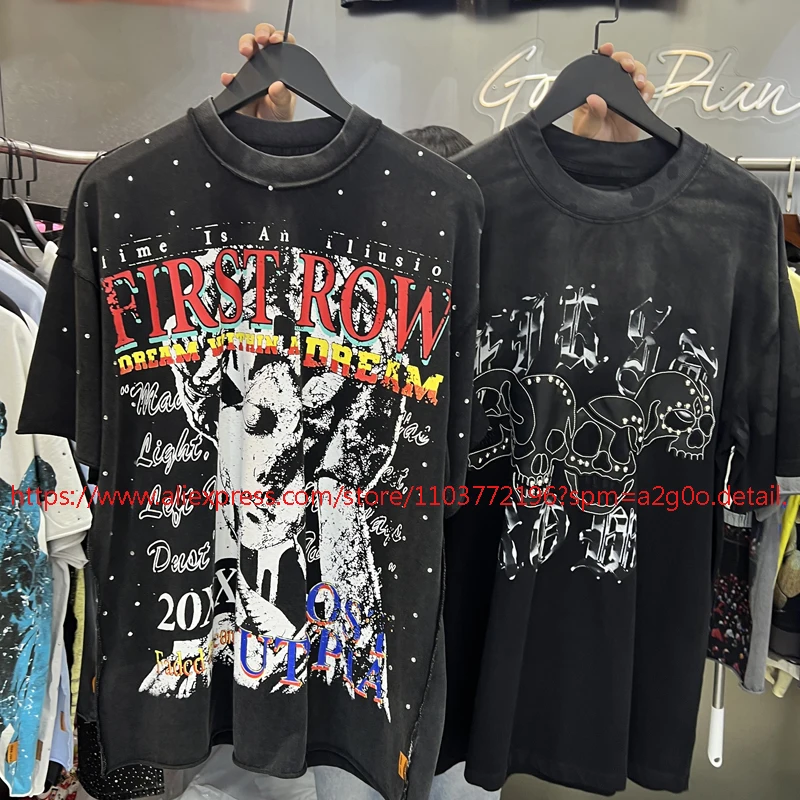 Streetwear Trend First Row T-shirt Real Photos Stock Retro Print Short Sleeve 2026 Men Women Casual Loose Tops