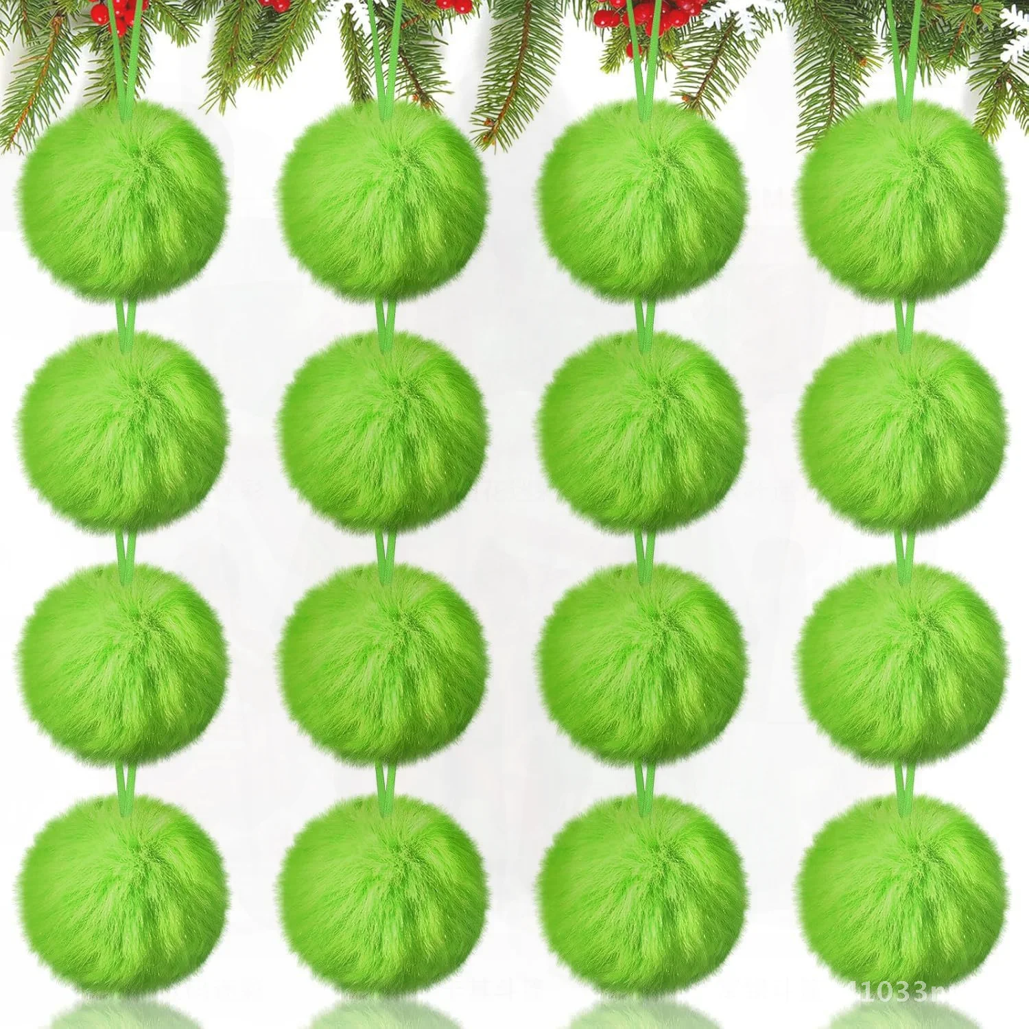 Pom Pom en peluche vert Grinch de 6cm, boule de décoration suspendue pour arbre de noël, ensemble de décoration intérieure de vacances transfrontalières avec nœud vert