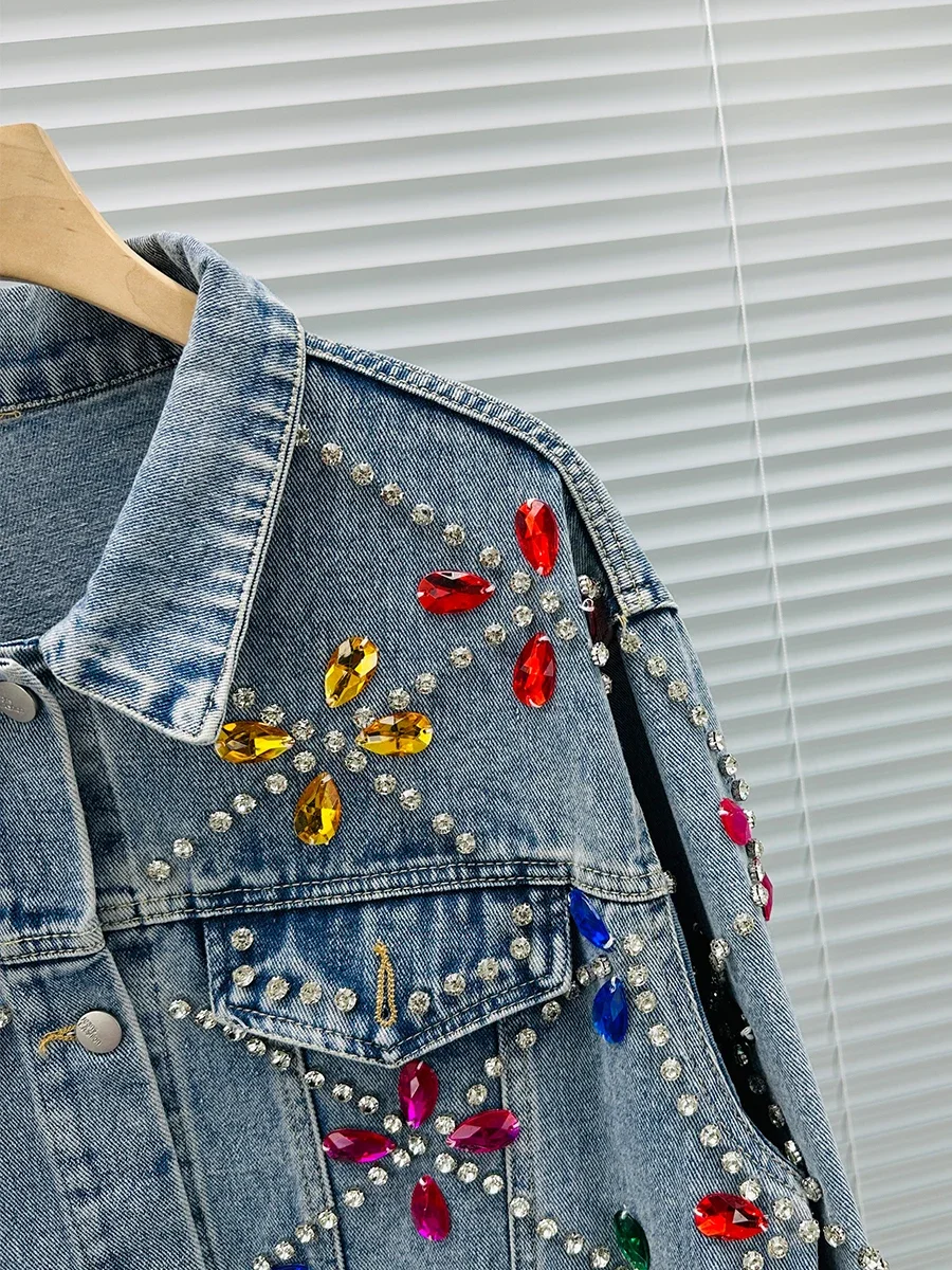 Exquisite Rhinestone Denim Coat Female 2024 Autumn New Fashionable Loose All-Match Streetwear Long Sleeve Women Jackets