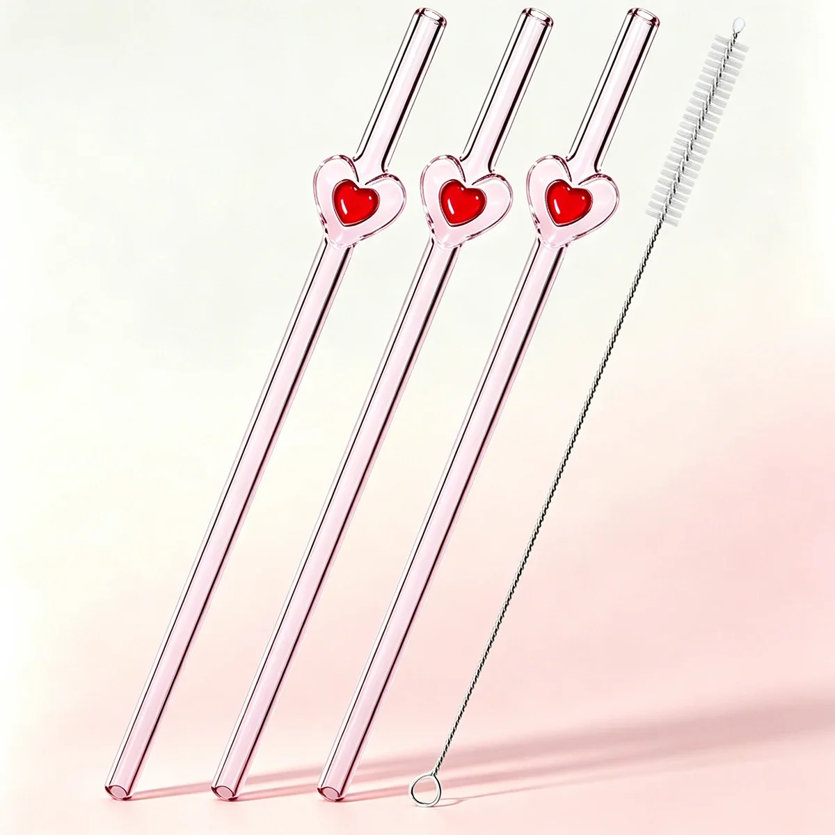3pcs Reusable Juices Glass Straw Heart Shape Straw Set with Brush Suitable for Milkshakes Coffee Kitchen Party Bar Accessories