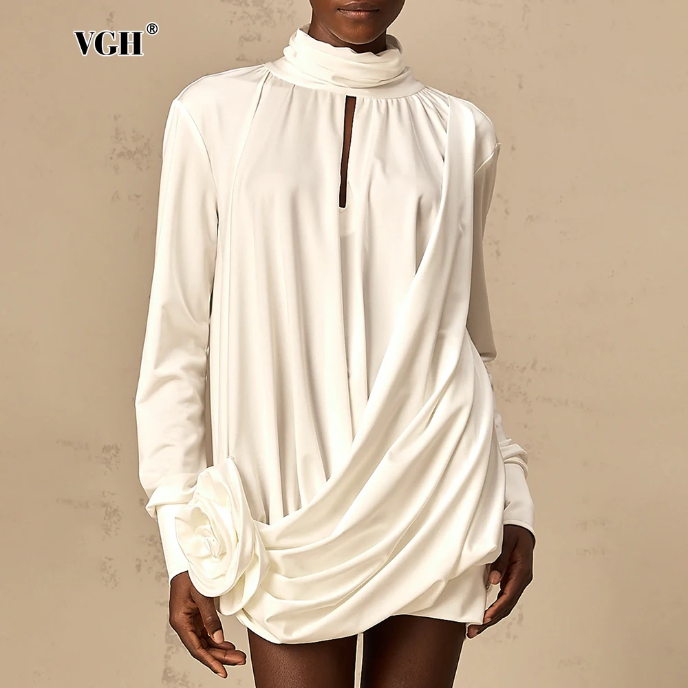 

VGH Patchwork Floral Plus Size Party Short Dress for Women Stand Collar Lantern Sleeve Spliced Hollow Out Solid Dresses Female