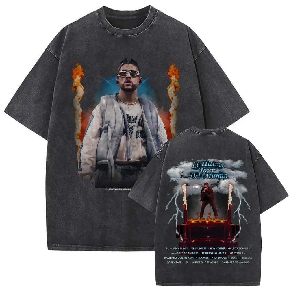

Washed Vintage Rapper Bad Bunny EL ULTIMO TOUR DEL MUNDO Graphic T-shirt Men Women Hip Hop Fashion Pop Music Oversized T-shirts