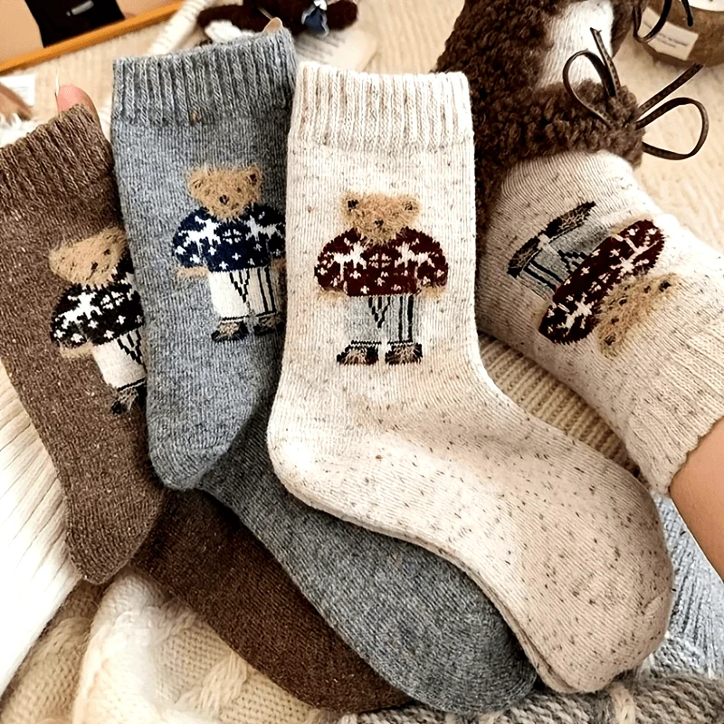 3/5 pairs of fall/winter style retro plush sweater bear comfort mid-calf socks, versatile, fashionable,comfortablemid-calf socks