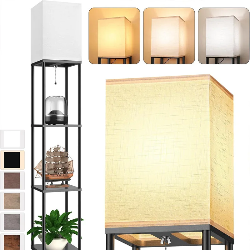 Multi-Functional Floor Lamp with Tiered Shelf | Fabric Shade & Minimalist Design for Living Room/Bedroom (UL  Light Bulbs)