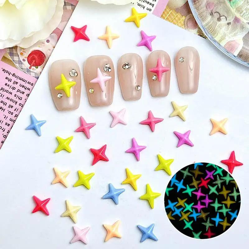 

30Pcs Solid Colored Minimalist Four-star Nail Charms 3DMini Luminous Star Resin Nail Art Decorations for DIY Hairpin Manicure