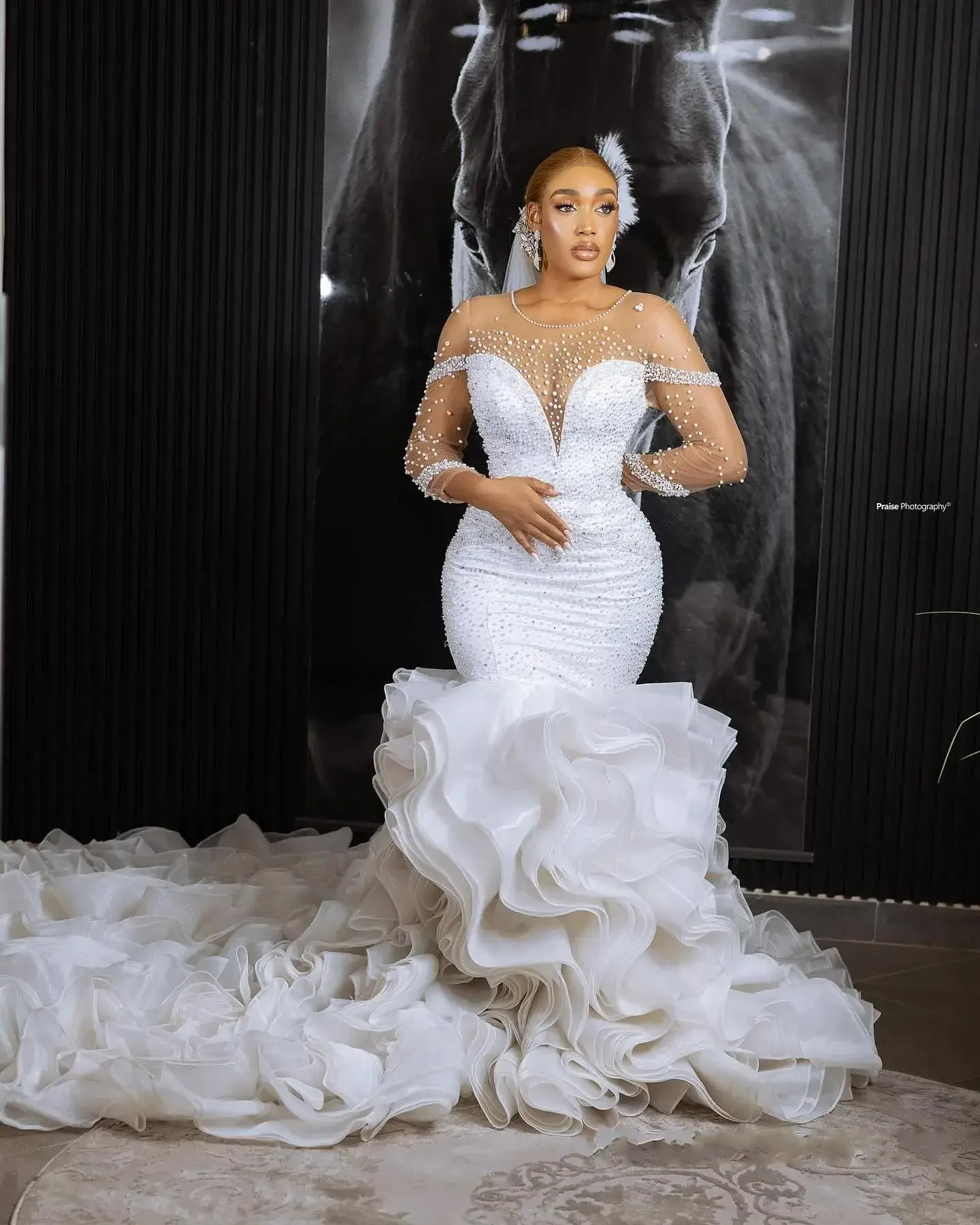 

Customized Charming Shinny Pearls Beads Mermaid Wedding Dress Long Sleeves Cascading Ruffles Open Back Garden Bridal Gowns