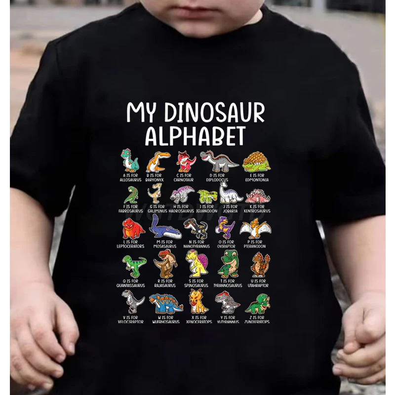 Children's Clothing My Dinosaur Alphabet Kids T-Shirt Colorful A-Z Dinosaur Print T-Shirt Girl Boy Casual Educational Top