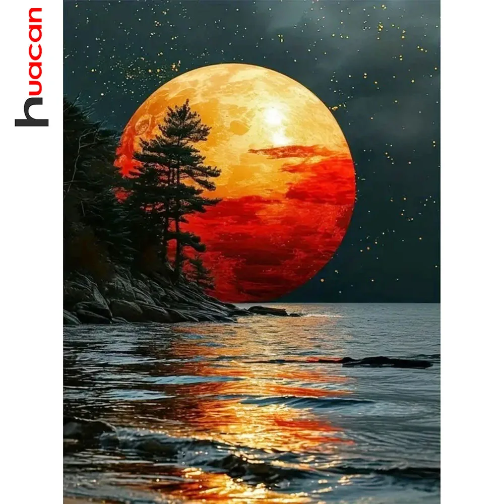 Huacan Seaside Night Diamant-Gemälde, Landschaft, 5D-DIY, voller Platz, runder Bohrer, Mosaik, Mond-Set, Heimdekoration, Kunsthandwerk