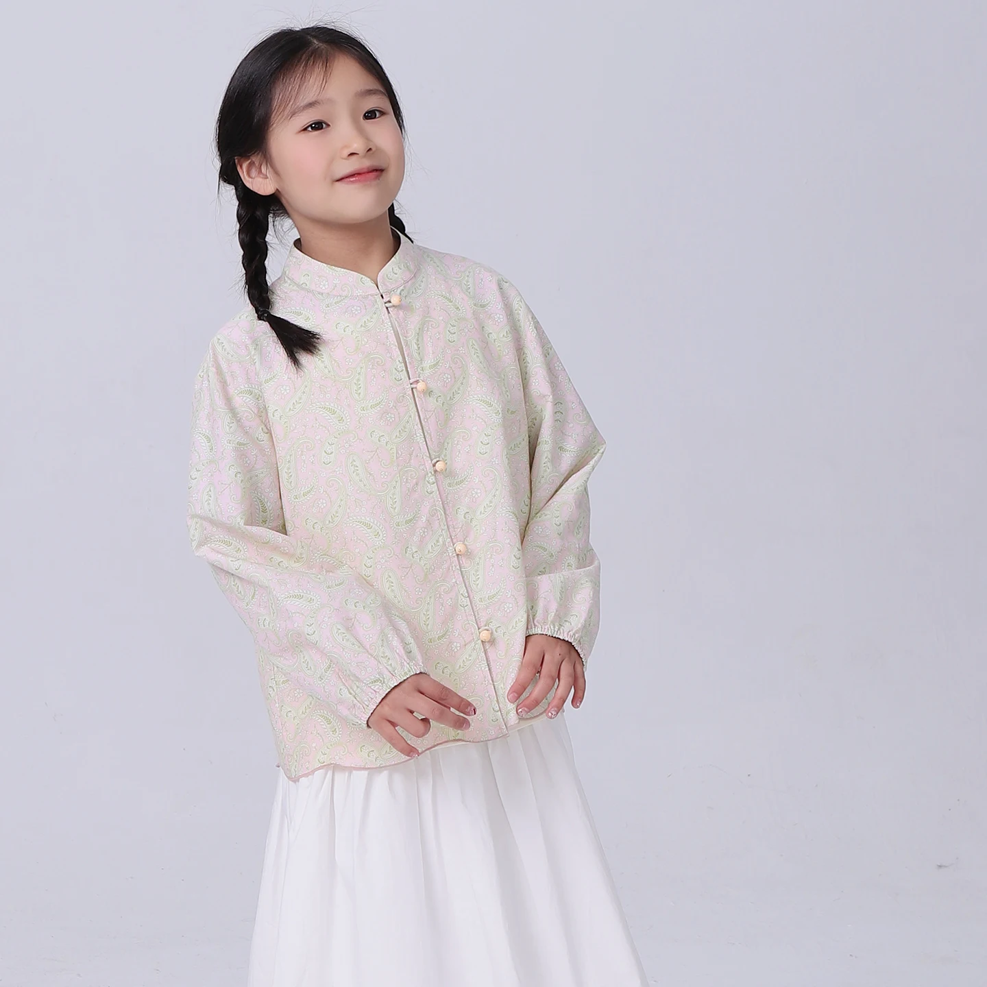 silk-cotton-blend-thin-stand-collar-breathable-skin-friendly-children's-spring-shirt-long-sleeve-single-button-closure-floral