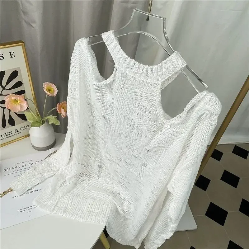 

Весенне-осенние новые топы с открытыми плечами Mujer, свободное солнцезащитное пальто с длинными рукавами, универсальная белая трикотажная футболка для женщин