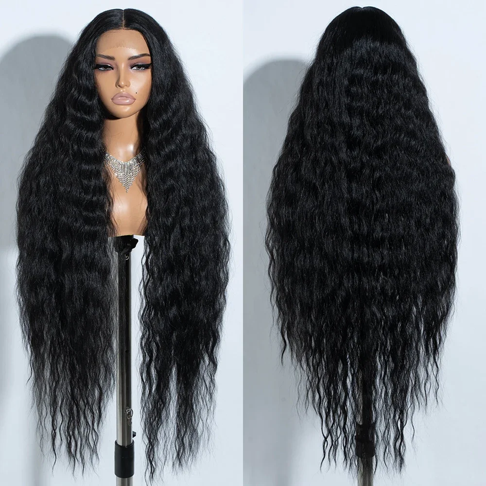 Peruca dianteira longa com renda para mulheres, peruca encaracolada preta natural, pré-arrancada, cabelo macio de bebê, sem cola, 26 in, 180 densidades