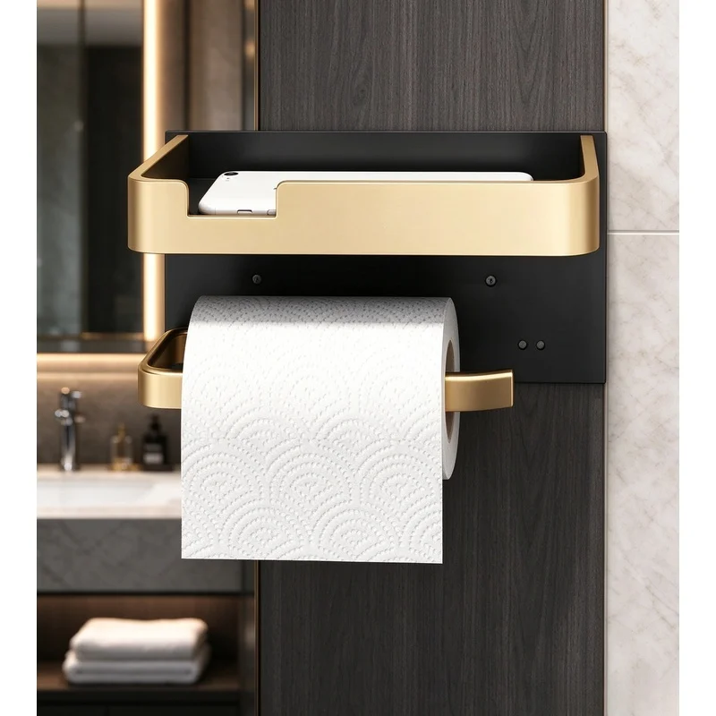 Wall Mount Black Gold Toilet Paper Roll Holder, Multifunctional Bathroom Storage Rack with Phone & Towel Shelf