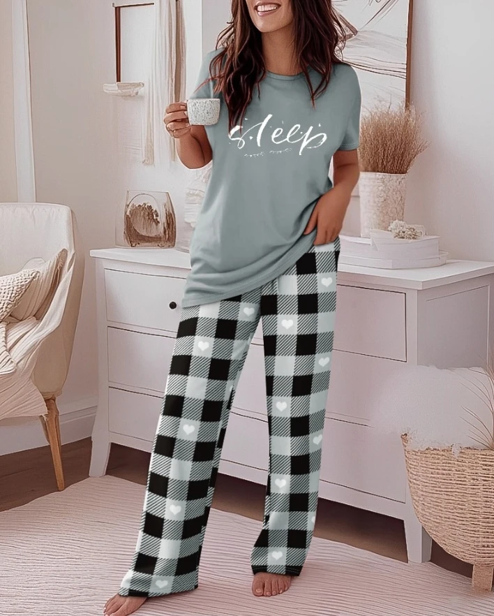 

Women's Leisure Suit 2025 Spring Summer Latest 2 Pieces Outfit Cute Letter Print Short Sleeve T-Shirt Plaid Pants Set Loungewear