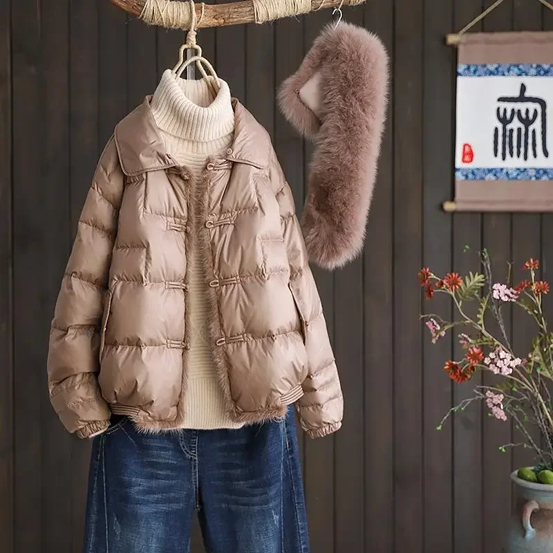ダウンジャケット 90% ホワイトダックダウン 暖かい ディスクバックル 取り外し可能なフォックスファー襟 新作 秋冬 レディース ショート ミンクヘムヘア