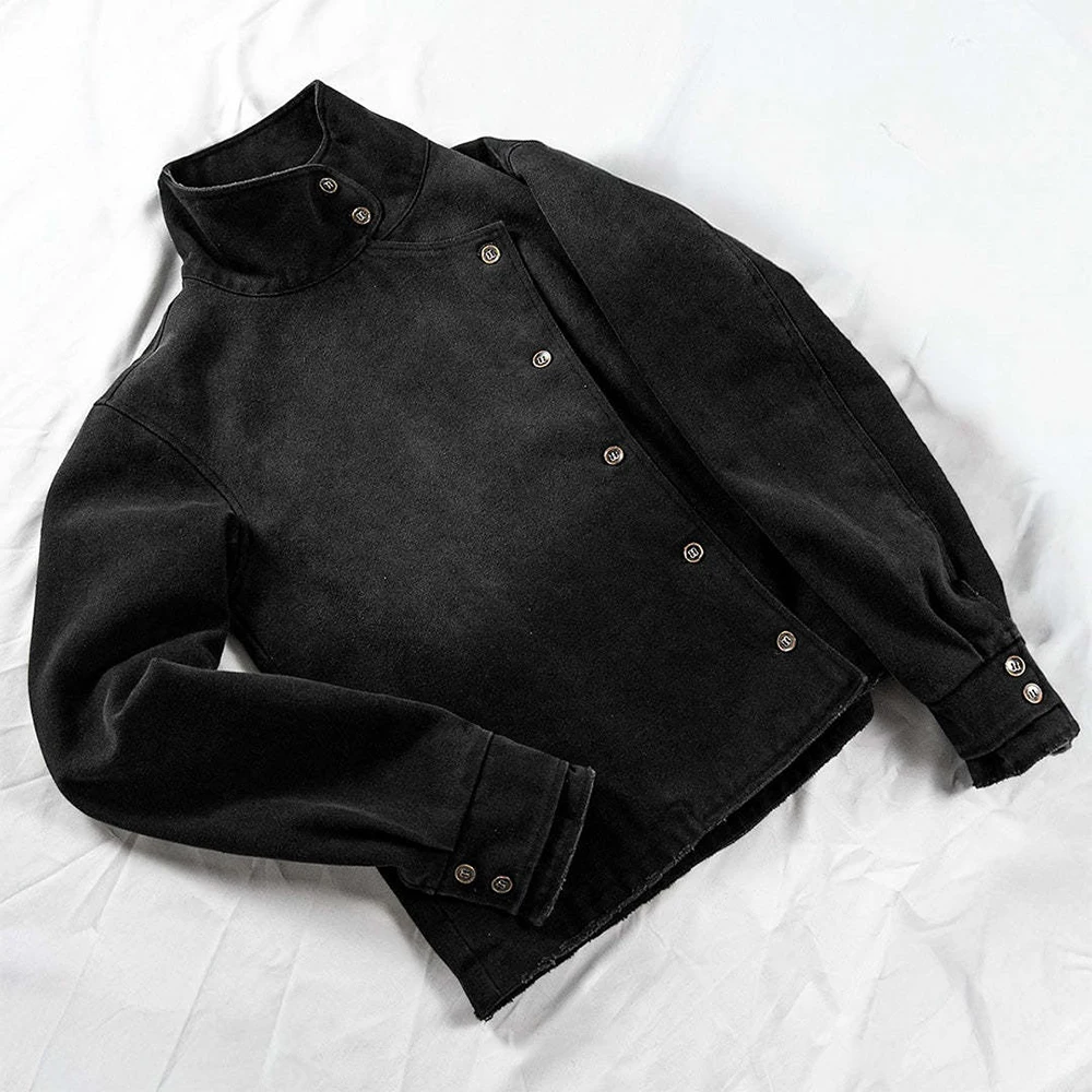 Unisex Black High Street Vintage Washed Stand Collar Jacket, Slanted Placket Retro Workwear Versatile Casual Outerwear