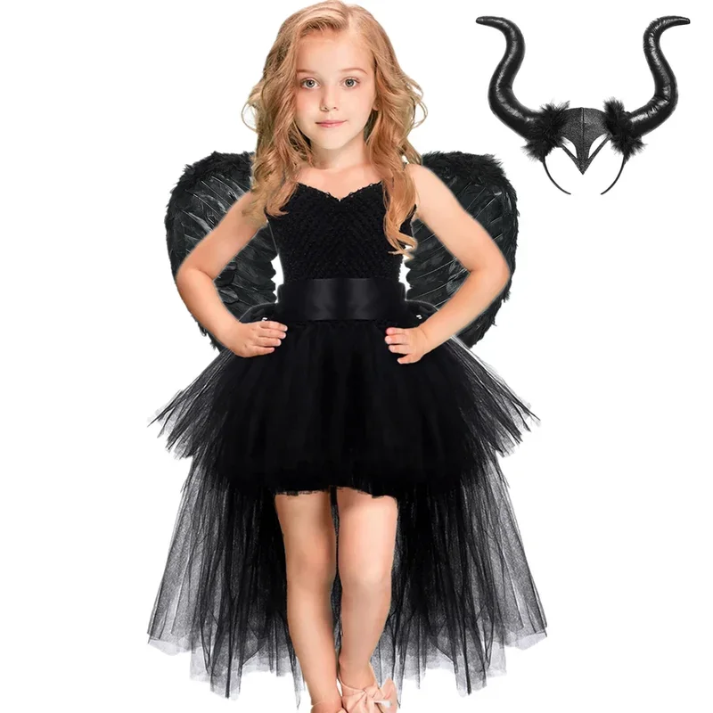 Girls Black Devil Unicorn Tutu Dress V-Neck Train Fallen Dark Angel Fancy Party Dress Carnival Halloween Costume for Kids 1-14Y