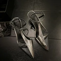 MKKHOU Fashion Sandals Women New High Quality Genuine Leather Pointed T-shaped Ankle Buckle Strap Open Heel Modern Sandals