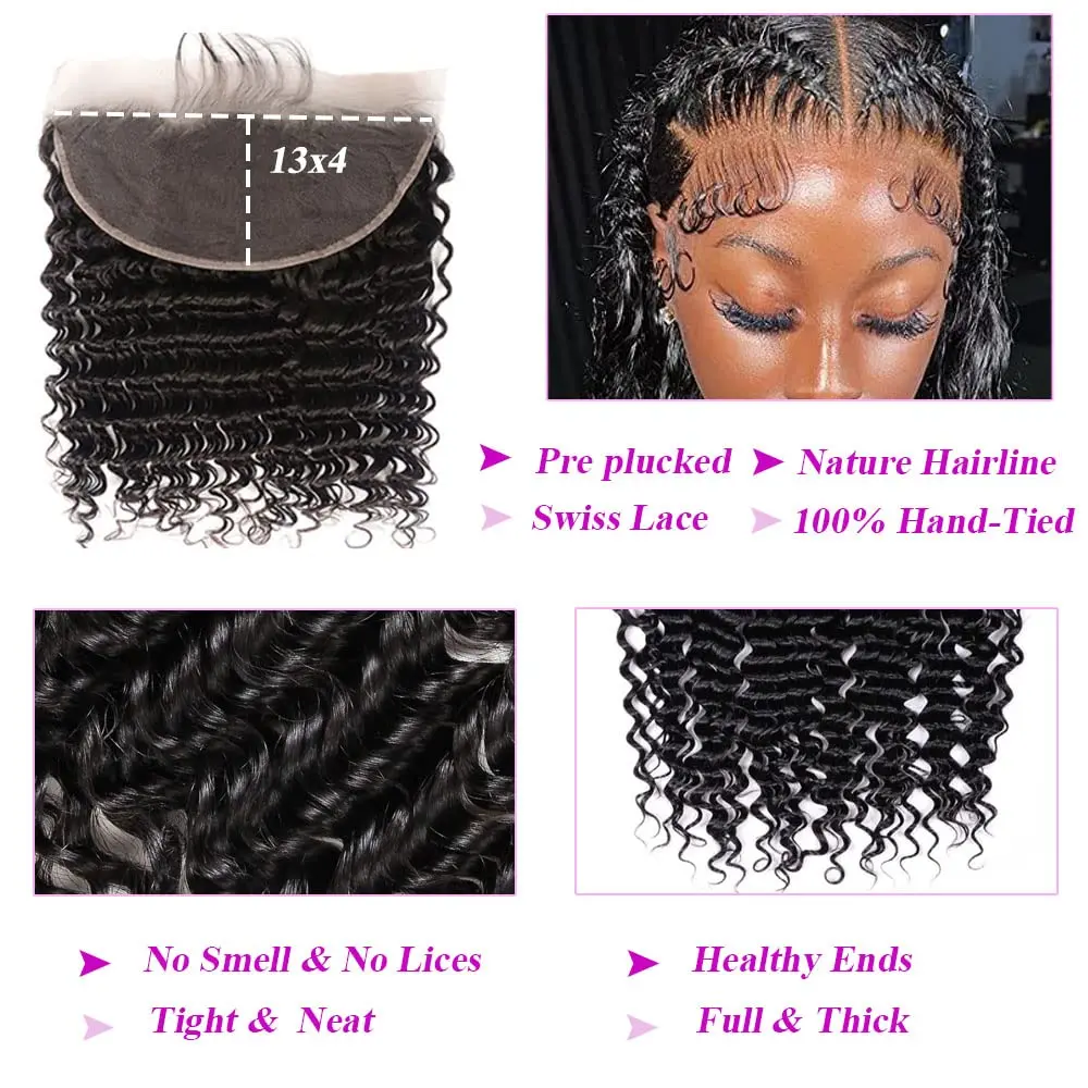 Deep Wave Human Hair Bundles with Closure 100% Unprocessed Virgin Human Hair 3 Bundles With Transparent Lace Frontal Natural  1B