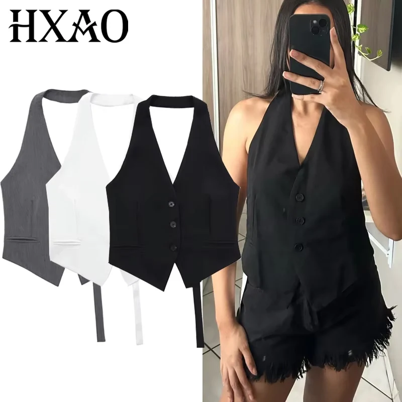 

HXAO Halter Formal Vests Woman Off Shoulder Women's Suit Vest Backless Black White Short Vest Casual Cropped Sleeveless Vest