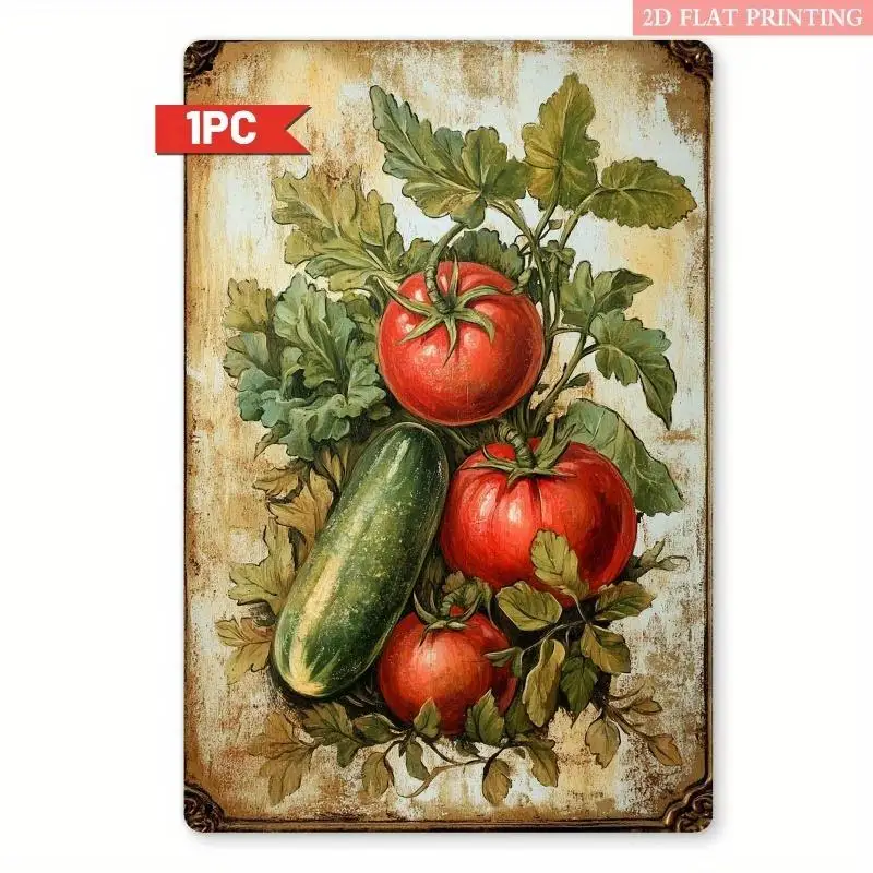2D Flat - Vintage Metal Wall Art Featuring a 2D Flat Design of Tomatoes And Cucumbers, Measuring This Rustic Decorative Sign Sho