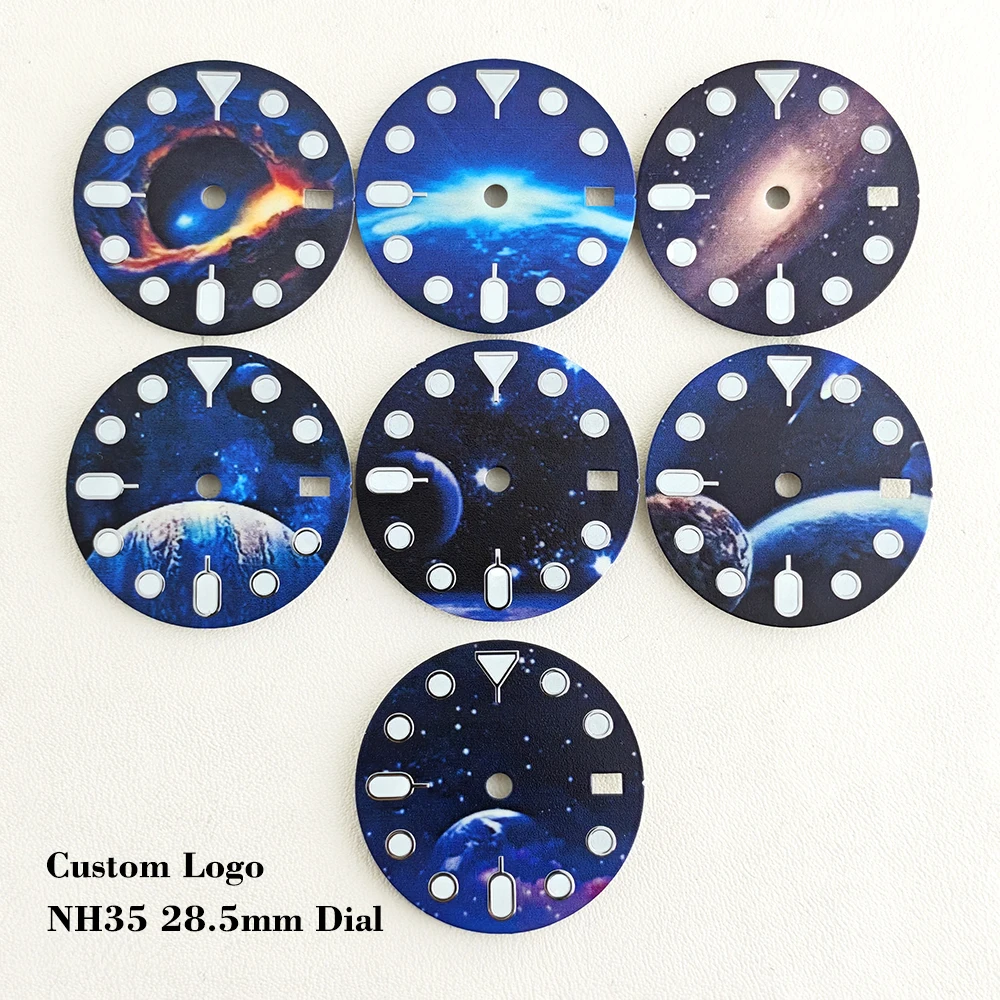 NH35 28.5mm Starry Sky Moon Watch Dial Green Luminous Fit NH35 NH36 Movement Space Star Theme Watch Faces DIY Modification Parts