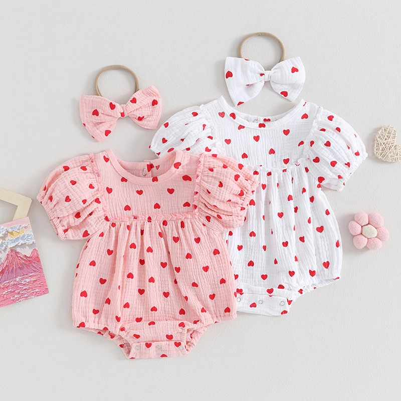 

Tregren Infant Baby Girl Valentine's Day Jumpsuit with Bow Headband Short Puff Sleeve Round Neck Heart Print Romper