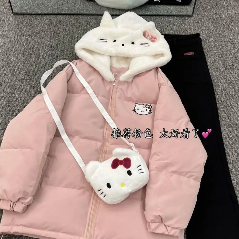 Kawaii Hello Kitty Hooded Down Jacket Sanrios Anime Thicken Winter Cotton Coat with Bag Girl Student Tops Warm Cotton Jacket