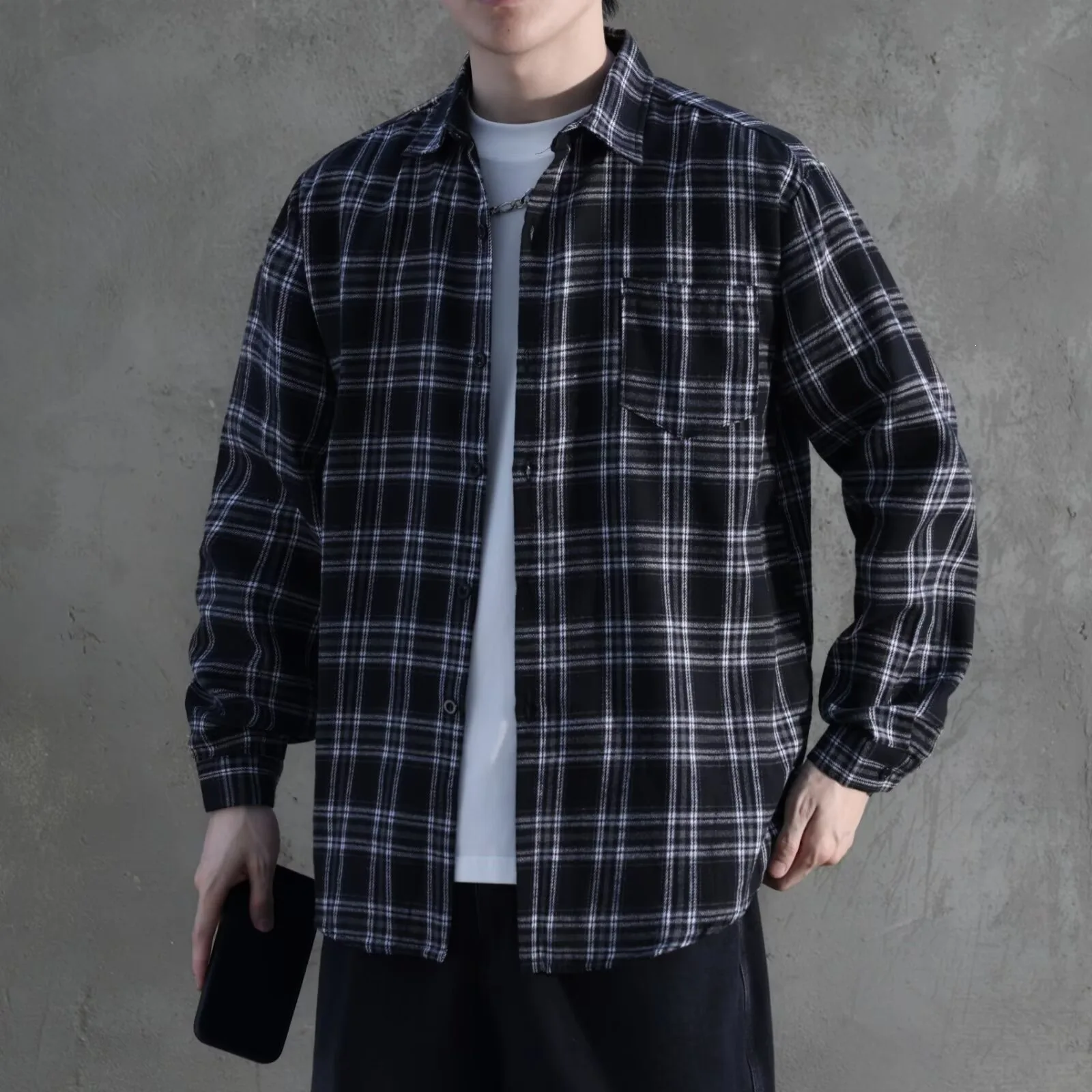 Casual Plaid Long Sleeve Men's Shirt Loose Korean Style Polyester Breathable Wear Resistant Youth Fashion Spring Summer Autumn