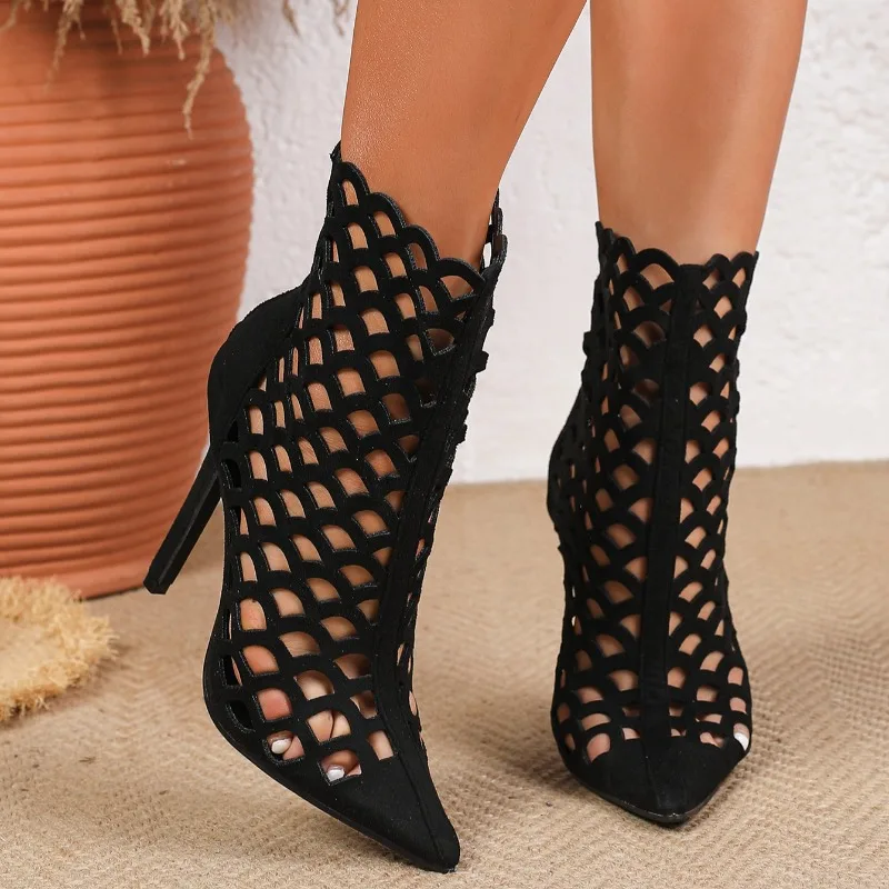 Aneikeh Street Style Pointed Zipper Hollow Cutout Mesh Ankle Booties11cm Sexy Super High Heels Fashion Women's Cool Boots 35-42