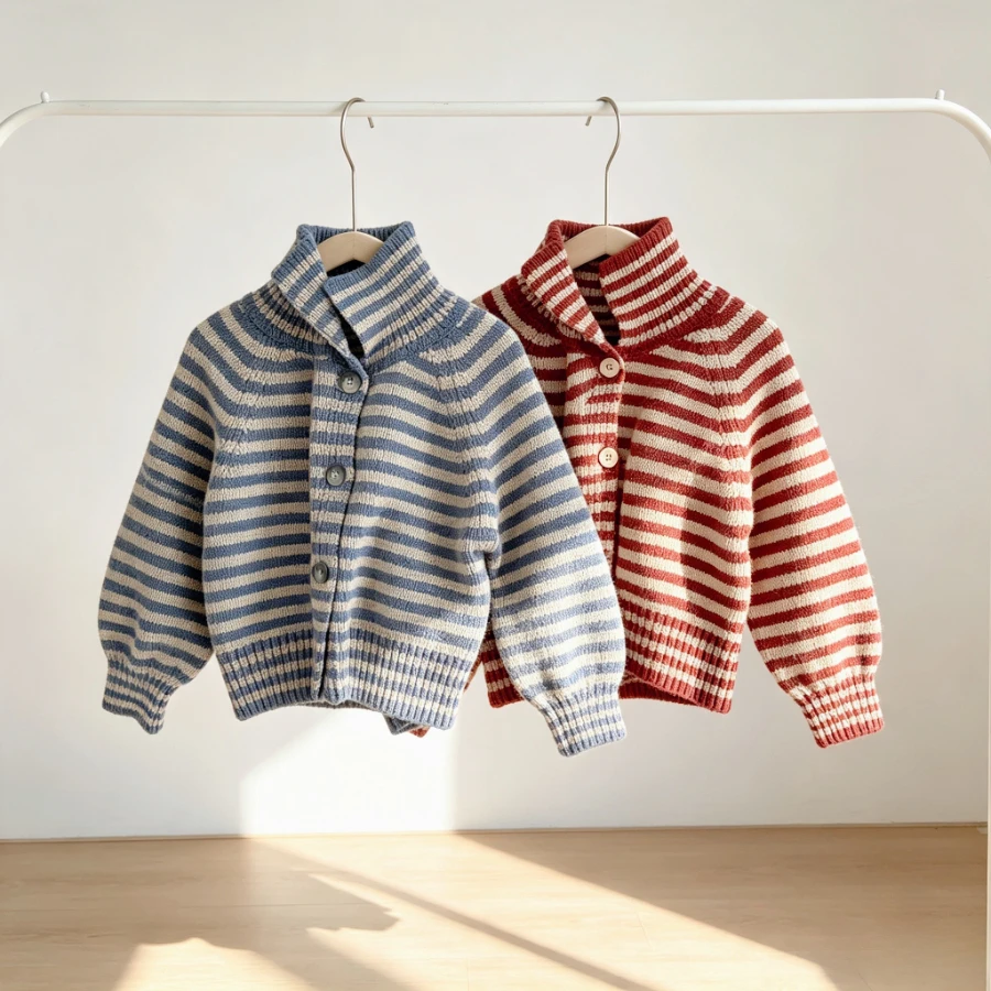 Kids Striped Knit Cardigan Baby Stand Collar Sweater Coat Toddler Boys Girls Vintage Knitwear Spring Autumn Warm Soft Outerwear