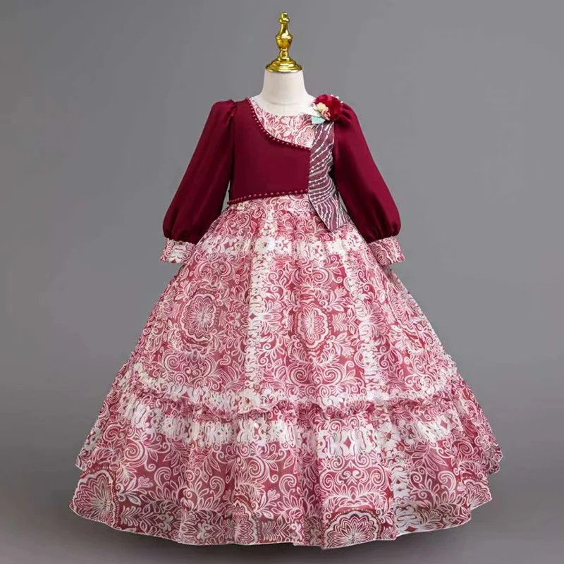 

Новинка 2024 года, осеннее шифоновое платье с цветочным принтом, юбка, элитное банкетное платье с длинными рукавами, праздничная юбка для этнических вечеринок, детское платье