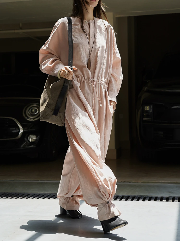 Fashion Tide Spring Autumn 2026 1DJ2953 Women Coffee Drawstring Big Size Long Jumpsuit New High Waist Pocket Stitch Pants