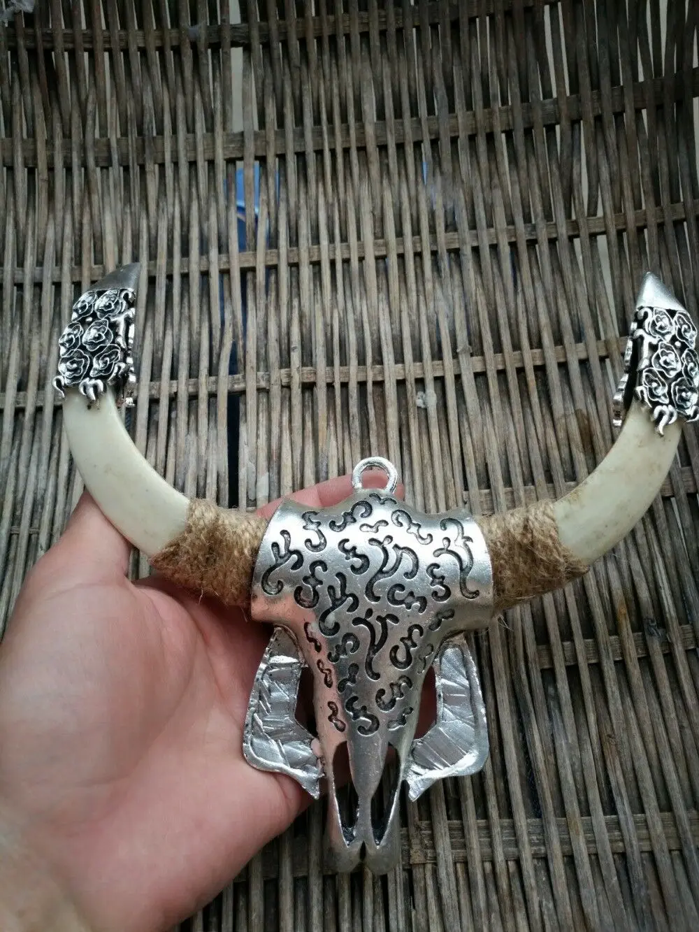 Wild Pig Teeth Embedded Alloy Ox Head Wild Boar Tooth Amulet Pendant