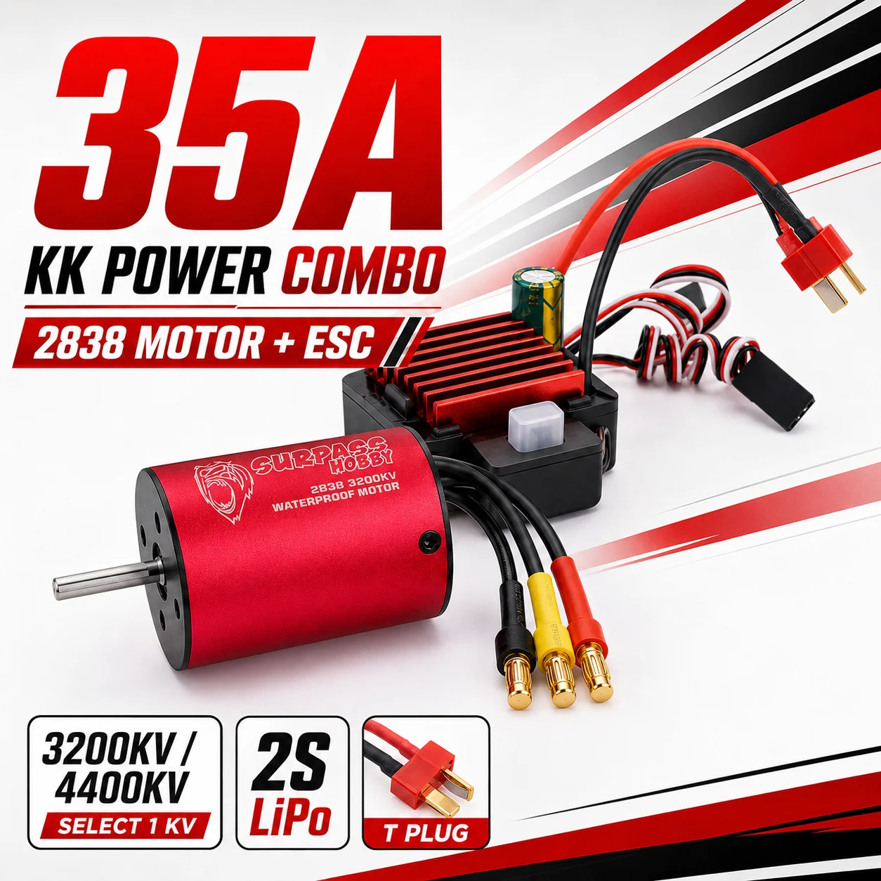 SURPASS HOBBY KK Power Combo 2838 Brushless Motor 3200KV 4400KV 35A ESC T Plug 2S for 1/14 1/16 RC Cars Sensorless Upgrade Parts