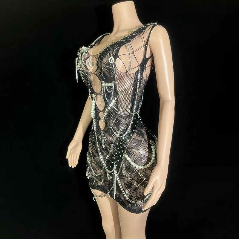 2025 블랙 생일 파티 드레스 펄 장식 섹시한 고고 댄서 의상 나이트클럽 공연복 yj089