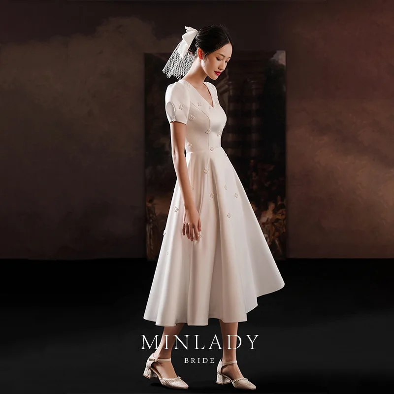 

2025New Style Toast Dress Bride White Engagement Dress Gown Wedding Dress Satin Gathering