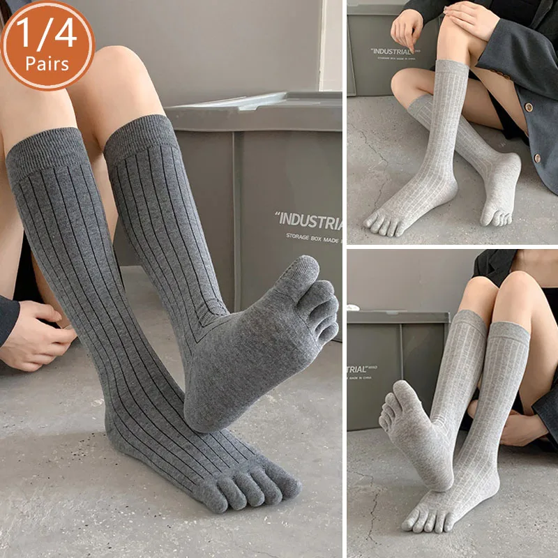 1/4 Paar Zehensocken Lange Strümpfe Frauen Mädchen Baumwolle Gestreift Solide Warm Halten Einfache Beinflor Fünf Finger Thermosocken Student