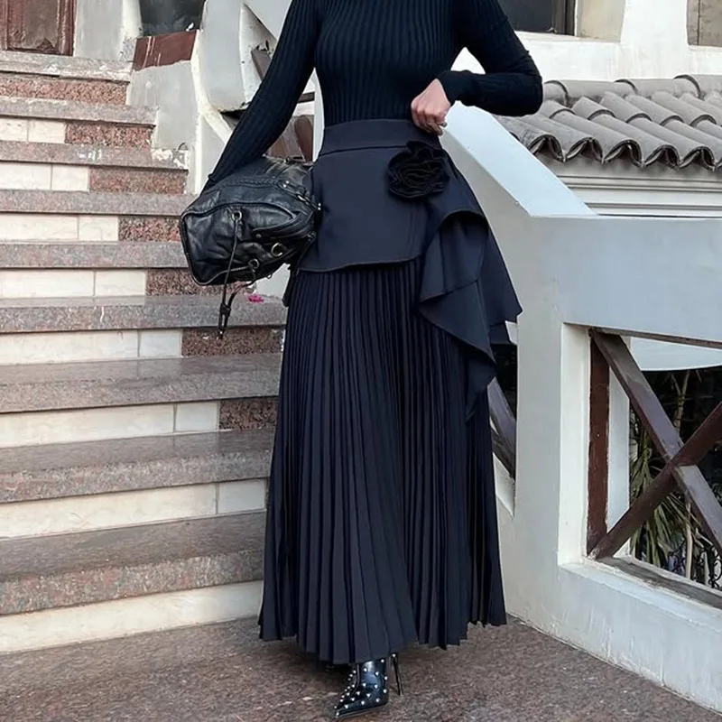 HKSH Letnia Nowa Damska Modna Elegancka Spódnica Trójwymiarowe Kwiaty Łączona Plisowana Asymetryczna Elegancka Modna Luksusowa Spódnica HK8947