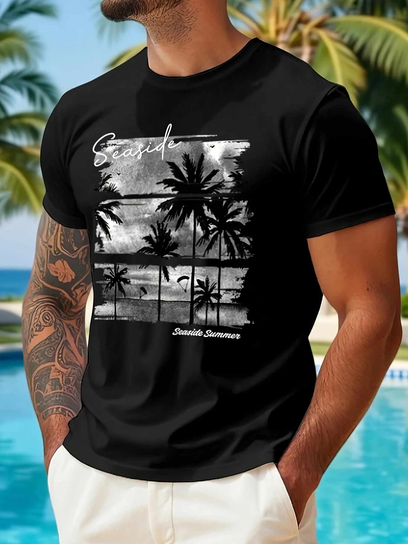Watercolor Palm Tree Seaside Print on Premium Soft 100% Cotton Mens T shirt Perfect for Summer Casual Streetwear Style