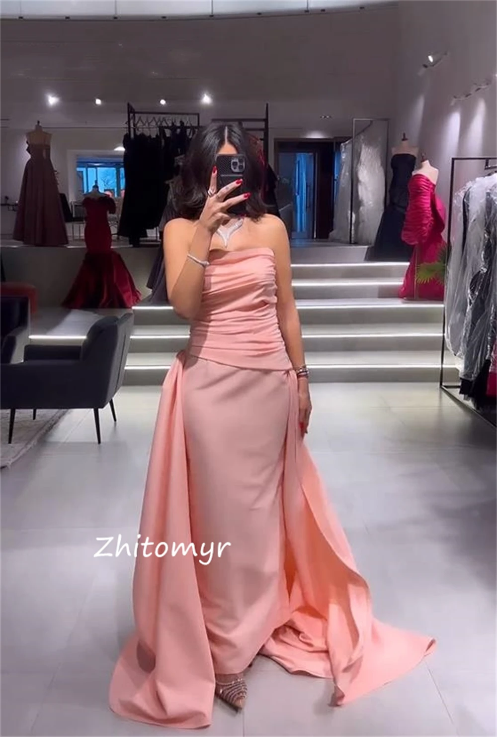 Customized  Jiayigong Mesprit Simple Siz Available Formal Ocassion Gown Strapls A-line Shirred Floor length Charmeuse  