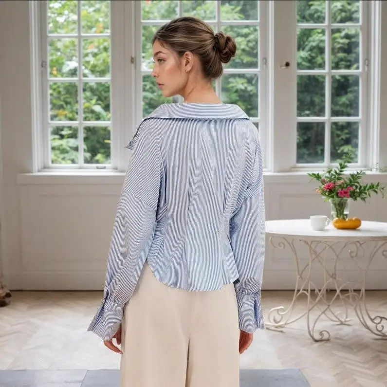 Ele Long Sve irt con pliegues Cintura Cinch Bubble Sve Cuello vuelto Rayado Faion Top versátil para mujer