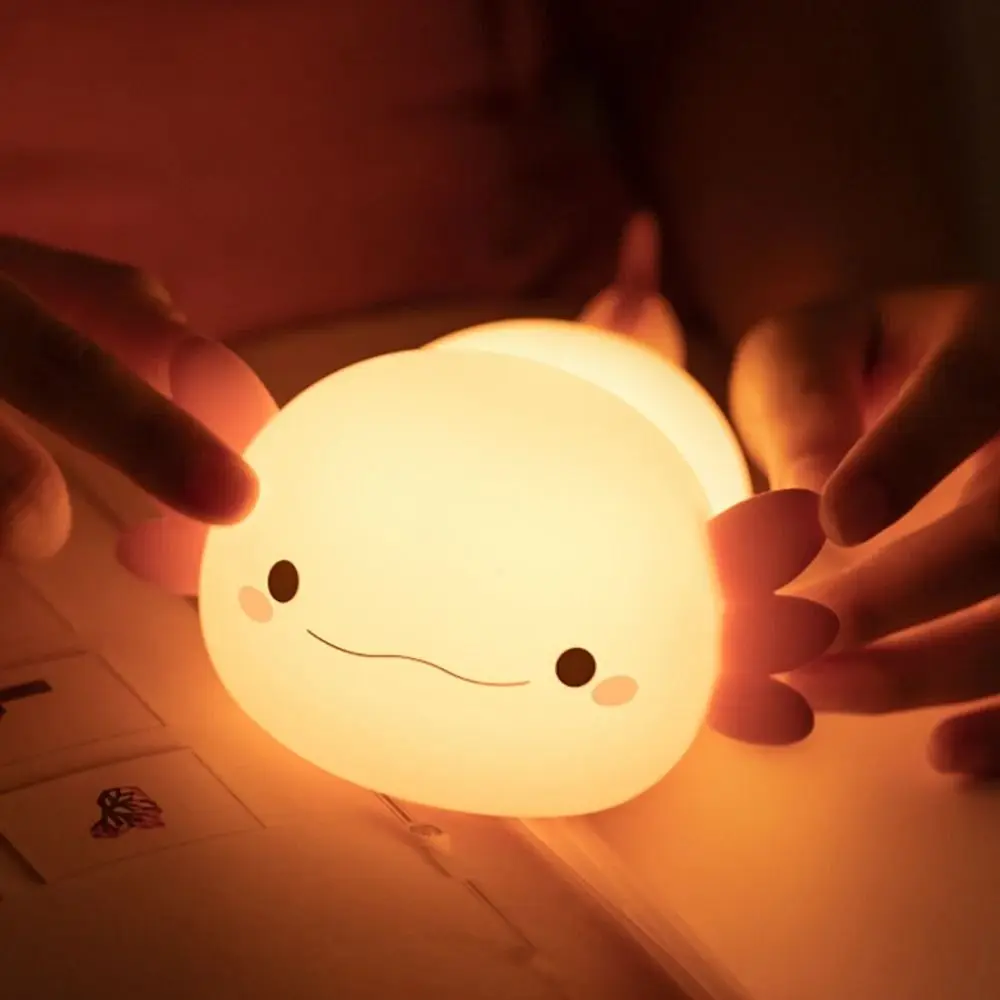 Axolotl lampu malam silikon lucu, lampu tidur kamar anak USB dapat diisi ulang kontrol sentuh untuk bayi